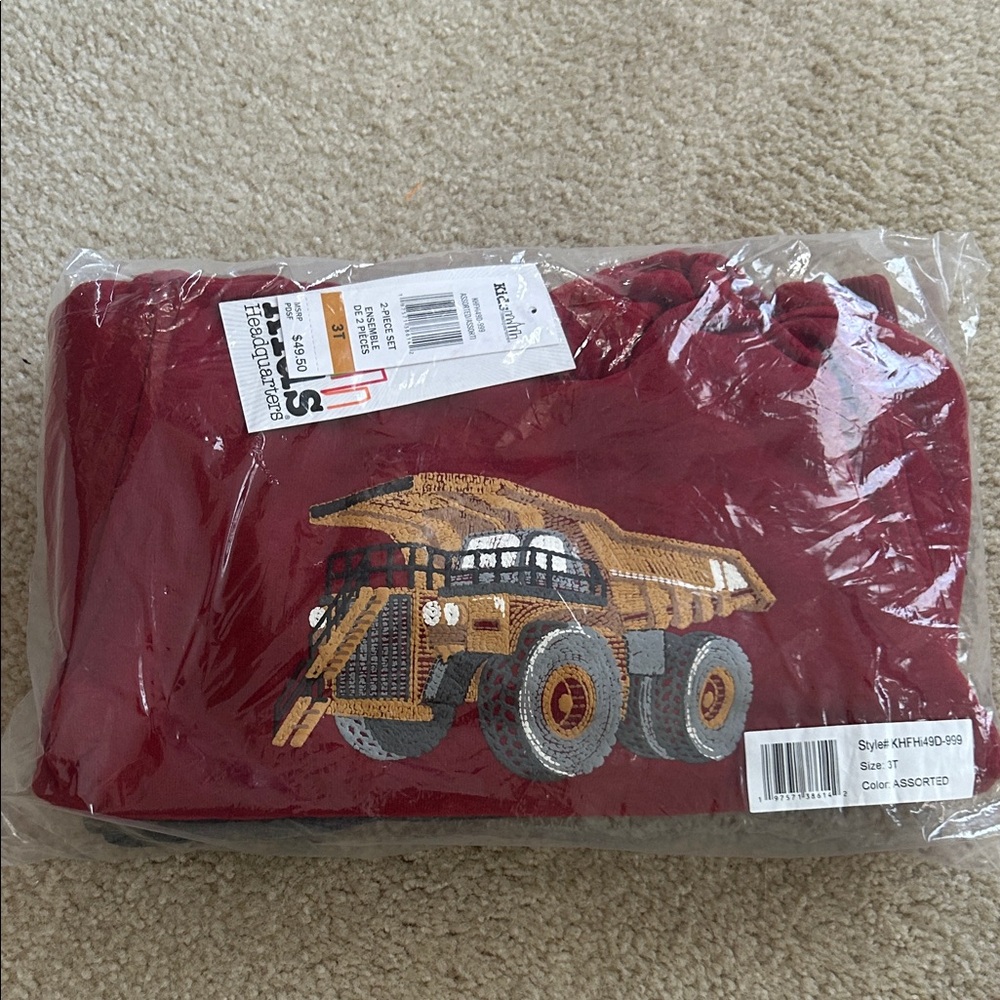 Boys 3T 2 piece outfit set dump truck construction hoodie grey sweatpants bottom